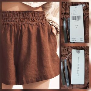 Anthropologie Somerset Linen Shorts in Cocoa Brown L Beachy Smocked New MSRP $98